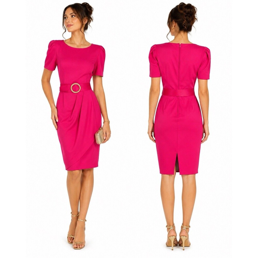VTG 80’s MORTON MYLES  Pink Cocktail Dress Size 8 Puff Sleeves Belted